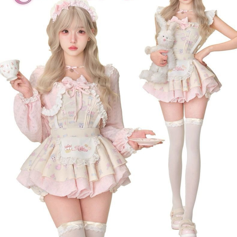 Crop Top Crochet - Ensemble 3 pièces Style Lolita japonais