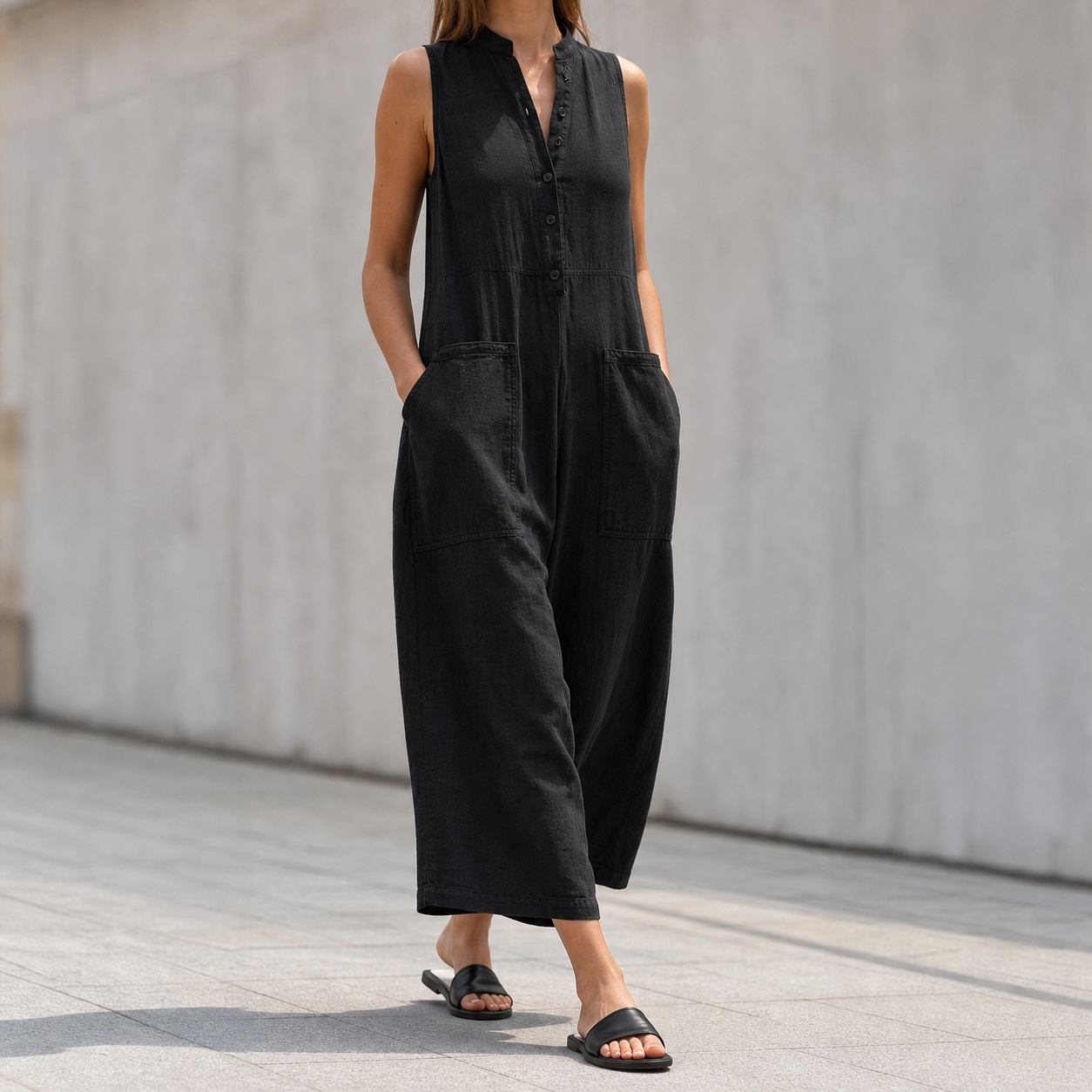 Jumpsuit Linen Relaxed - Combinaison sans manches pour femmes, col