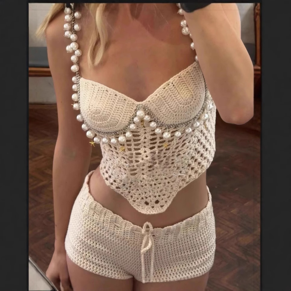 Crop Top Crochet - Ensemble deux pièces Sexy pour femmes,