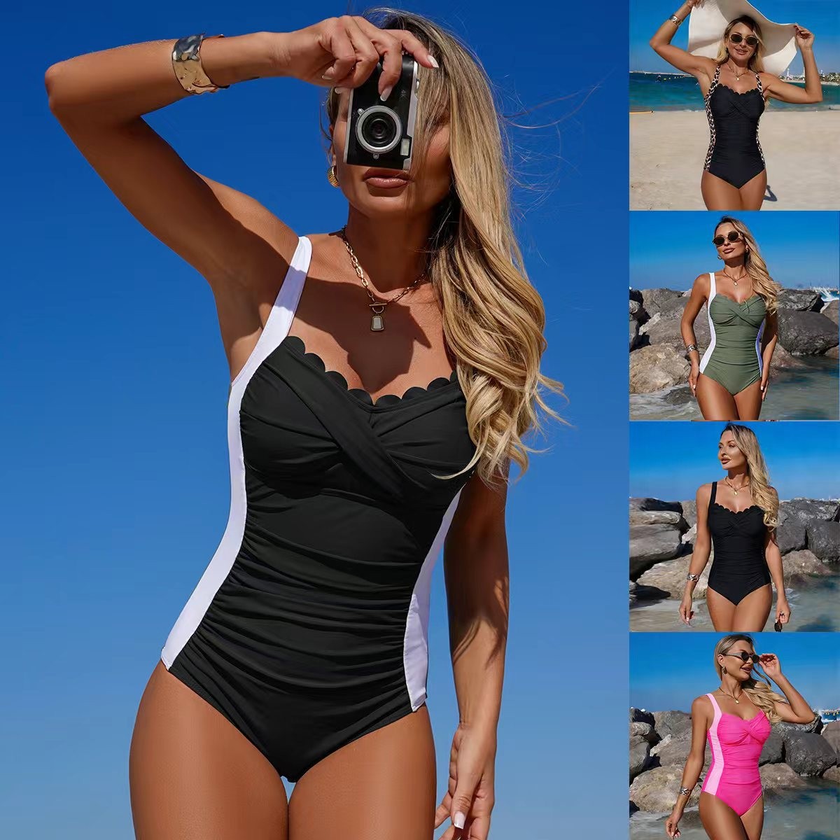 Swimsuit Bikini Ruched - Maillot de bain noir à encolure