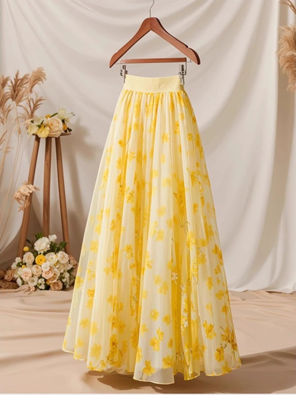 Midi Skirt Floral - Jupe mi-longue jaune taille haute coupe