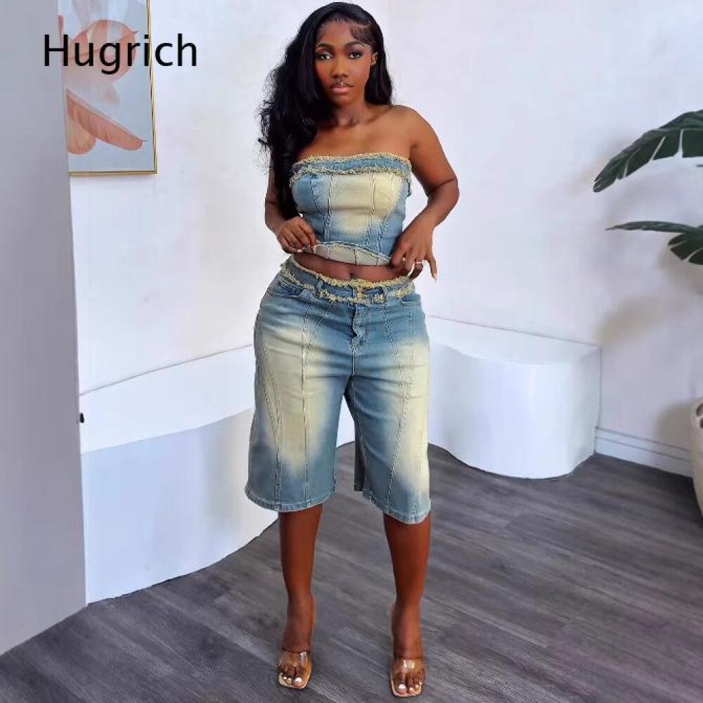 Shorts Denim Frayed - Ensemble crop top bustier délavé pour