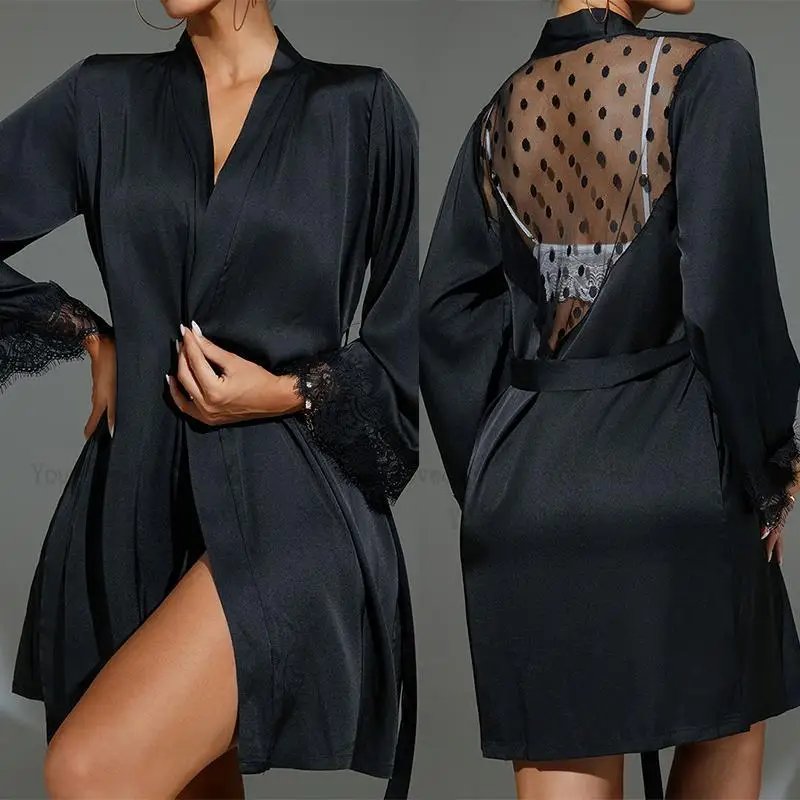 Kimono Sheer Floral - Kimono court noir en maille transparente,