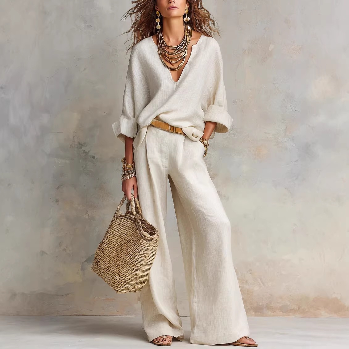 Linen Pant Wide - Ensemble décontracté vintage pour femme en
