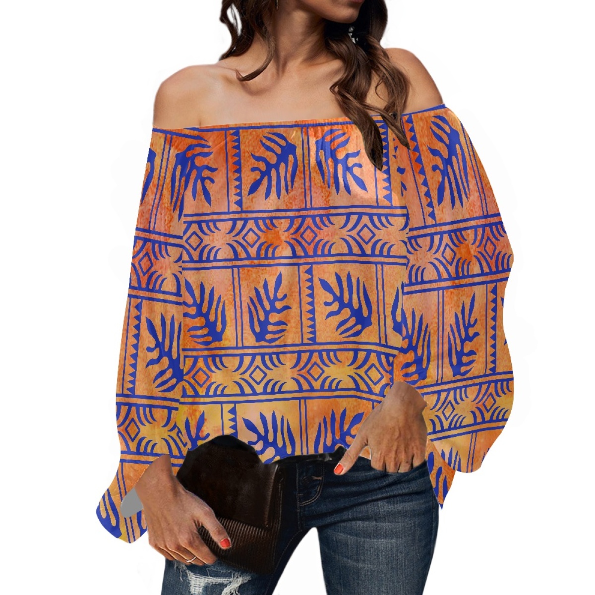 Blouse Off Shoulder - Vêtements tribaux polynésiens, imprimé samoan tapa