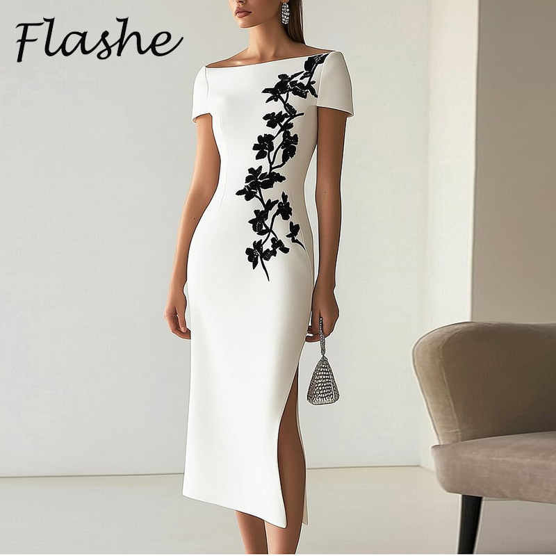 Midi Skirt Floral - Robe élégante pour femmes, col rond,