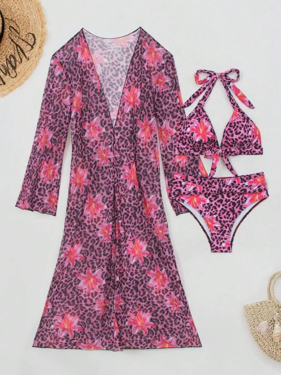Kimono Sheer Floral - Ensemble bikini 3 pièces pour femme