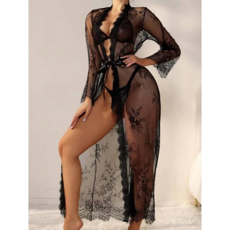 Robe longue en dentelle noire  - Kimono Sheer Floral avis et prix