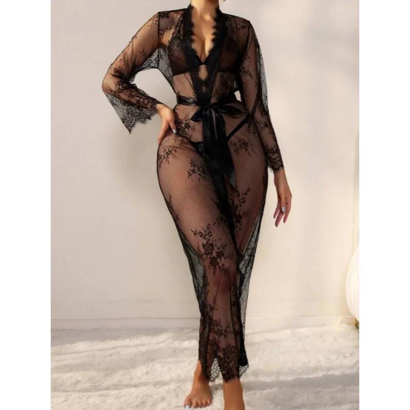 Robe longue en dentelle noire  - Kimono Sheer Floral avis et prix