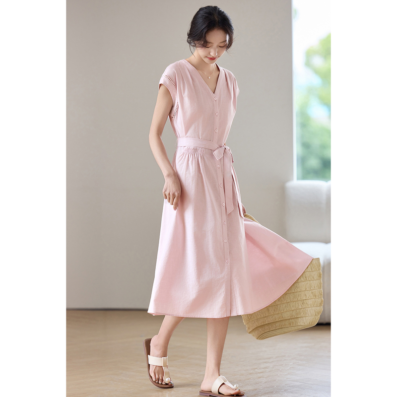 Robe midi rose élégante SENTUB - Linen Dress Wrap avis et prix