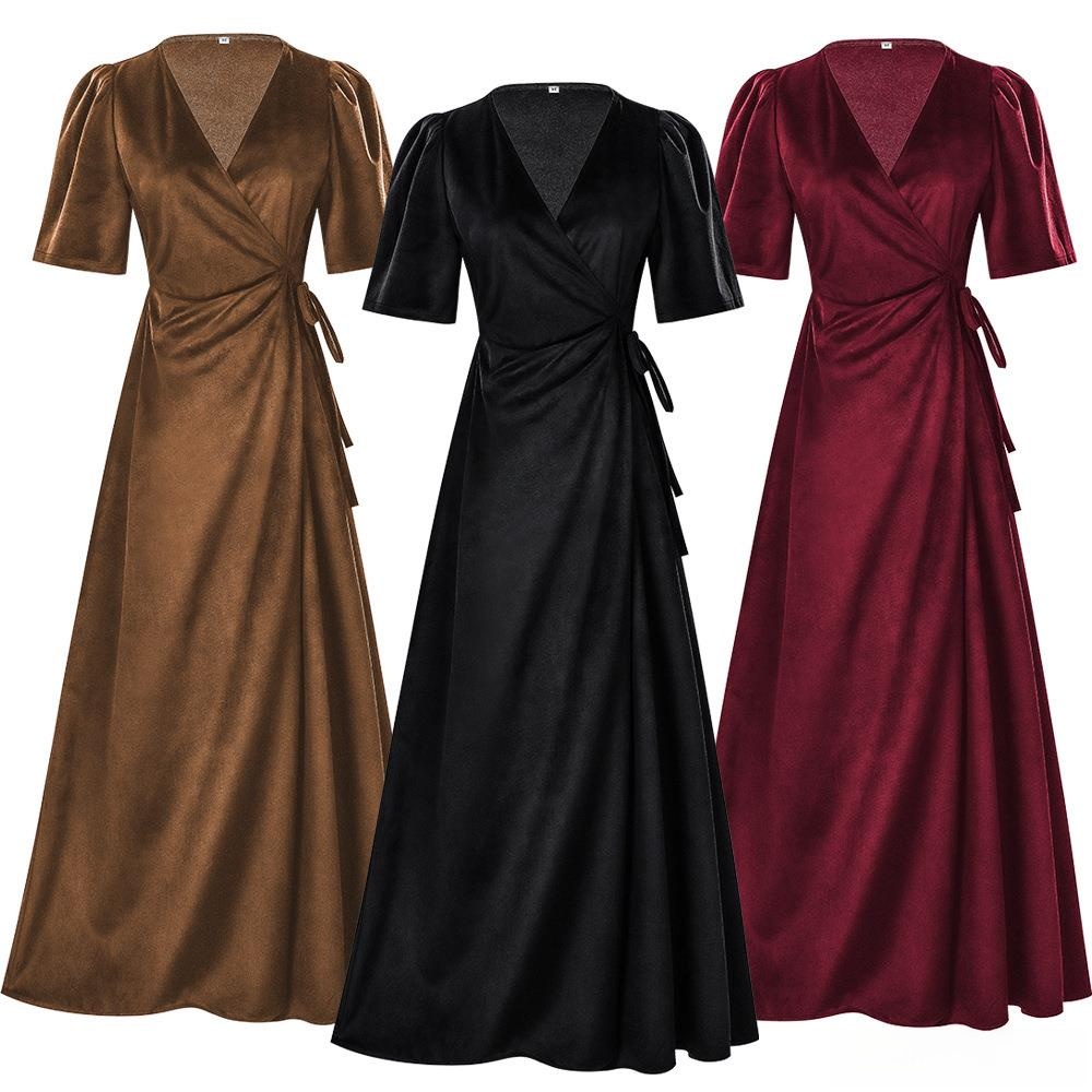 Robe longue en velours uni à c - Linen Dress Wrap avis et prix