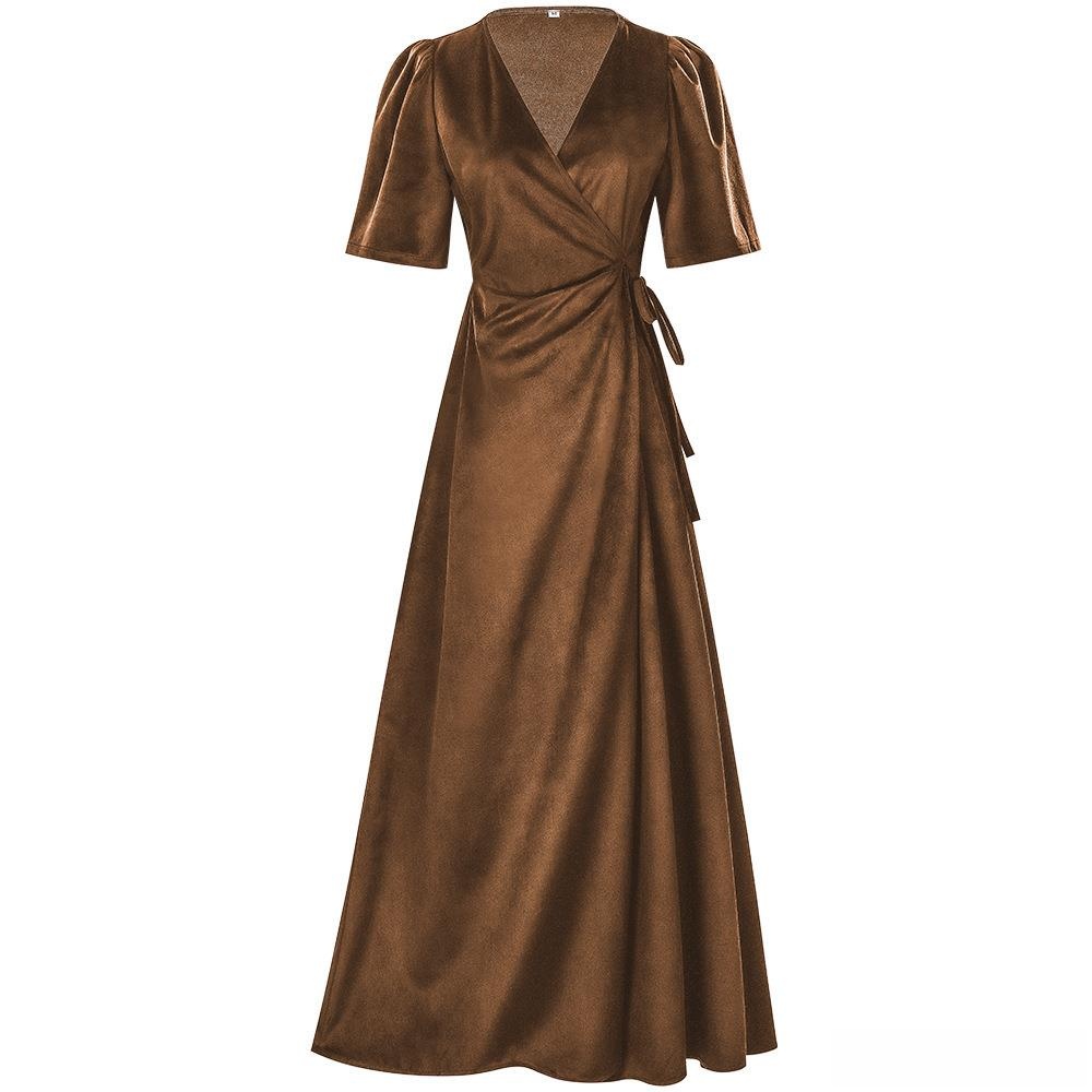 Robe longue en velours uni à c - Linen Dress Wrap avis et prix